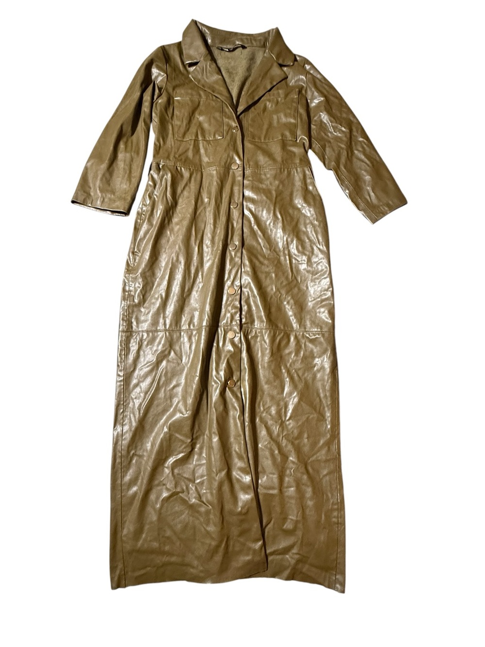 Zara Faux Leather Maxi Trench Coat Jacket Dress Small Brown Khaki Long